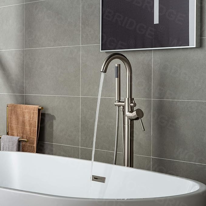 Woodbridge F0001BNRD Contemporary Single Handle Floor Mount Freestanding Tub Filler Faucet with Hand Shower in Brushed Nickel Finish