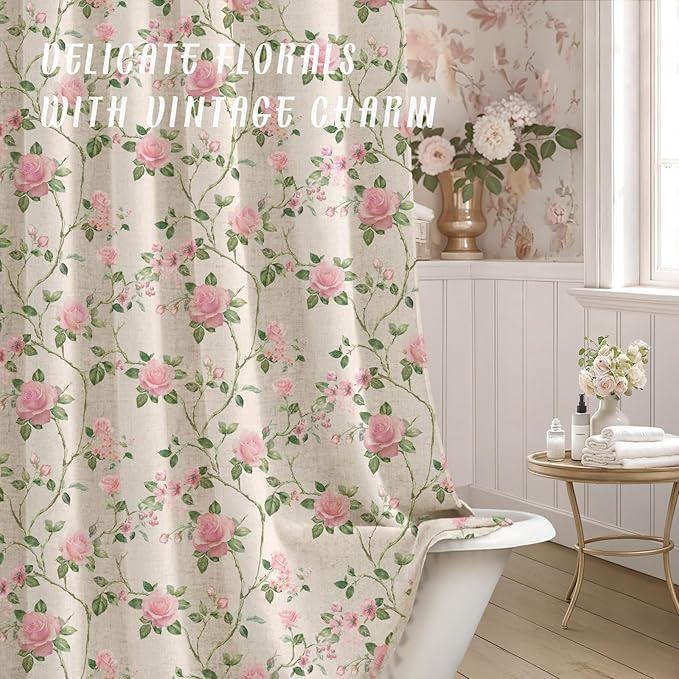 Pink and Sage Green Floral Linen Shower Curtain,Vintage Cottage core Shower Curtains for Bathroom,72Wx72H