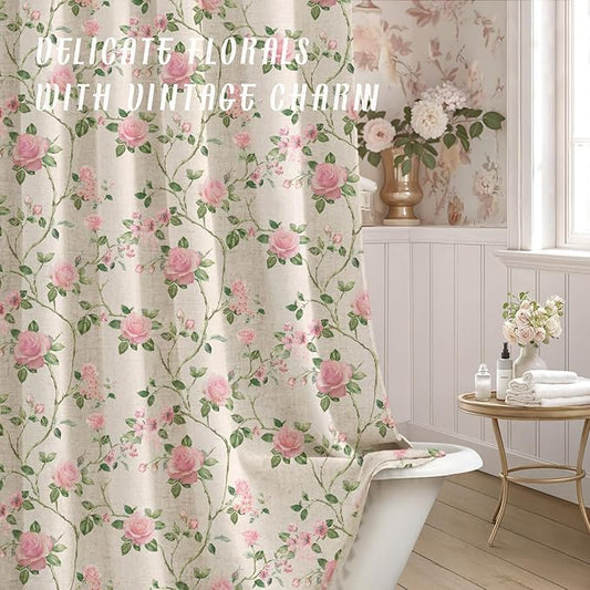 Pink and Sage Green Floral Linen Shower Curtain,Vintage Cottage core Shower Curtains for Bathroom,72Wx72H