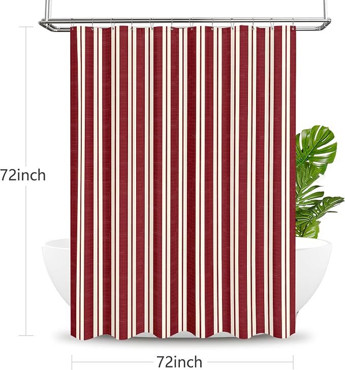 Tititex Cute Candy Cane Striped 140gsm Faux Linen Fabric Shower Curtain, Elegant Classic Burgundy Red Shower Curtain Sets Decoration 72x72 Inch with Hooks