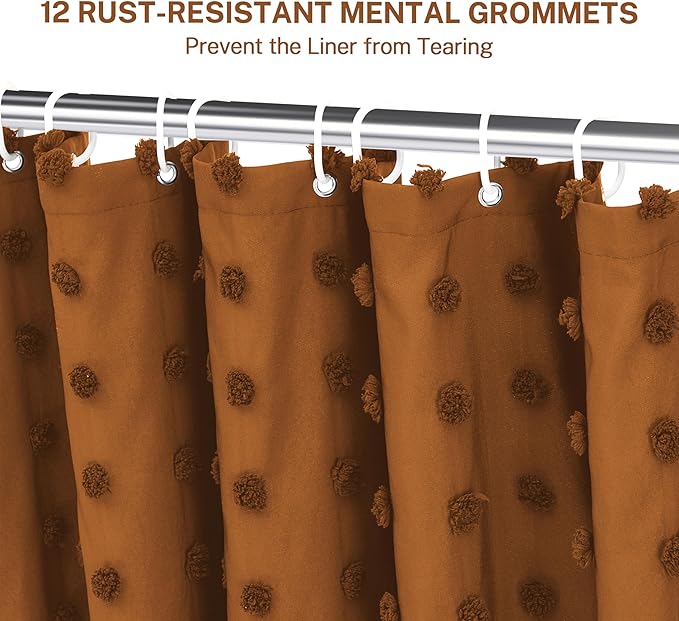 Extra Long Boho Farmhouse Shower Curtain Woven Fabric Pumpkin Orange Shower Curtain, 72 x 78 Tufted Pleat Floral Puffs Textured Modern Farmhouse Minimalist Shower Curtain Set with Hooks for Bathroom