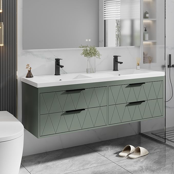 eclife 60" Bathroom Vanities Cabinet with Sink Combo, Wall Mounted Floating Cabinet W/Decor Line, Soft-Close System, 4 Extra Big Drawers, Matte Black Faucet, Gray Green
