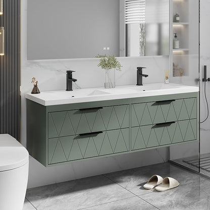 eclife 60" Bathroom Vanities Cabinet with Sink Combo, Wall Mounted Floating Cabinet W/Decor Line, Soft-Close System, 4 Extra Big Drawers, Matte Black Faucet, Gray Green