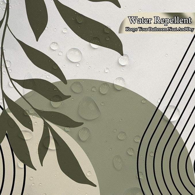 Boho Sage Green Shower Curtain Mid Century Modern Abstract Plant Botanical Bathroom Curtain Minimalist Neutral Geometric Arch Bath Decor Polyester Set with Hooks 72x78 inch