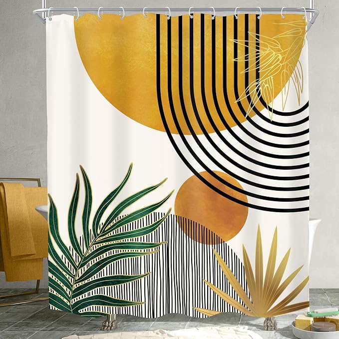 Mid Century Boho Abstract Modern Sun Minimalist Bathroom Shower Curtain Set | 60Wx72L Arch Curve design, waterproof HD print with fast-drying fabric and 12 hooks.