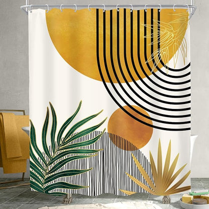 Mid Century Boho Abstract Modern Sun Minimalist Bathroom Shower Curtain Set | 60Wx72L Arch Curve design, waterproof HD print with fast-drying fabric and 12 hooks.