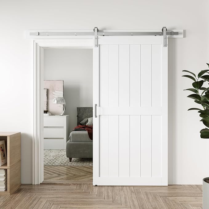 42" x 96" Sliding Barn Door with 7ft Brushed Nickel Hardware Kit & Handle | Pre-Drilled Holes Easy Assembly -White Solid Barn Door Slab Covered with Water-Proof PVC Surface, H-Frame