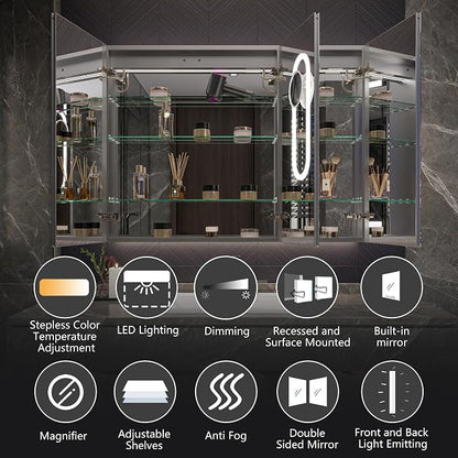 Neftis 48x36 Medicine Cabinet with Lights & Magnifier & Mirrors, GFCI Outlet, Soft-Closed Hinges, Front&Backlit, Anti-Fog, Dimmable&Tunable, Sensor Lights, Recessed/Surface, Adjustable Shelves