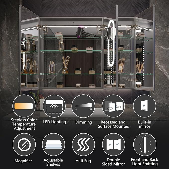 Recessed Medicine Cabinet with Lights, 48x36 Lighted Medicine Cabinet with Mirror, 5XMagnifier, GFCI Outlet, Soft-closed, Front&Backlit, Anti-Fog, Dimmable&Tunable, Sensor Lights, Adjustable Shelves