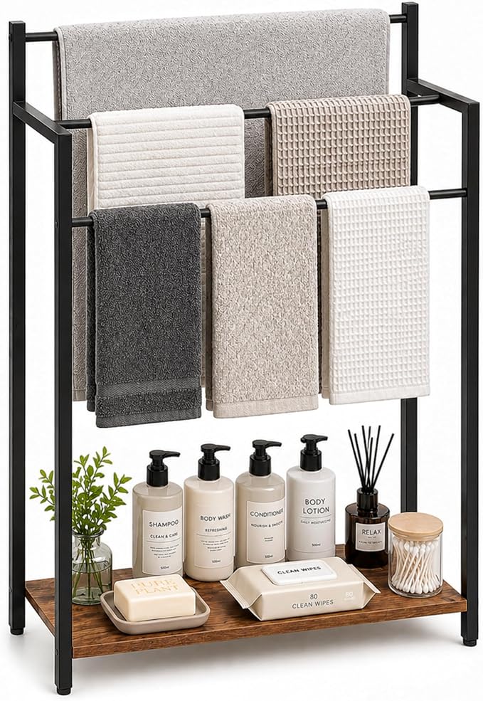 24.8" W Freestanding Towel Rack with Rustic Brown Wood Shelf | 3 Tier Blanket Ladder Stand for Bathroom Living Room, Metal Frame