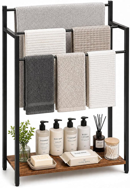 24.8" W Freestanding Towel Rack with Rustic Brown Wood Shelf | 3 Tier Blanket Ladder Stand for Bathroom Living Room, Metal Frame