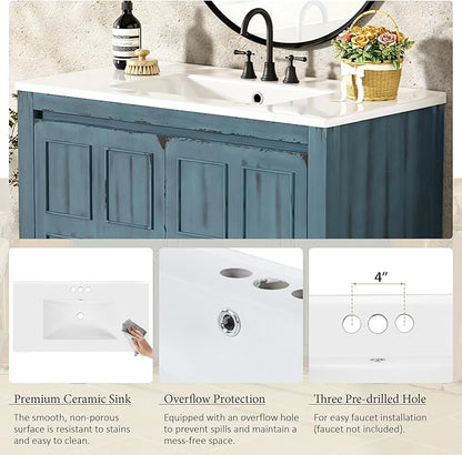36" Bathroom Vanity Organizer with Ceramic Sink, Set Bathroom Storage Cabinet, Retro Blue