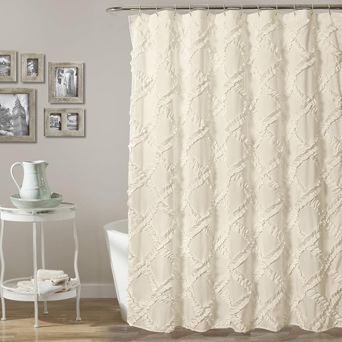 Lush Decor, Ivory/Pale Yellow Ruffle Diamond Shower Curtain | Textured Shabby Chic Farmhouse Style Design, x 72, 72" x 72"