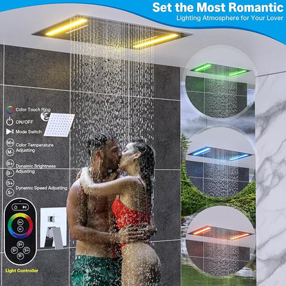 ENGA Dual Rain Shower Head System, 2 In 1 Functions Ceiling Mount 14x20inch LED Shower Head with 6 Inch Shower Head, Rainfall Waterfall Shower Faucet Set, Chrome
