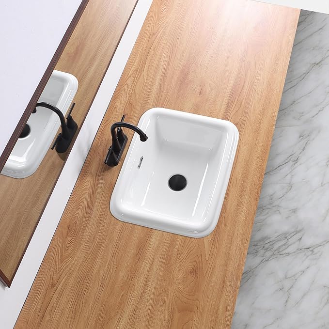 Bathroom Vessel Sink 19 Inch Small Drop In Bathroom Sink Rectangular Semi Recessed Sinks with Overflow White Ceramic Small Vanity Sinks for Tiny Bathrooms