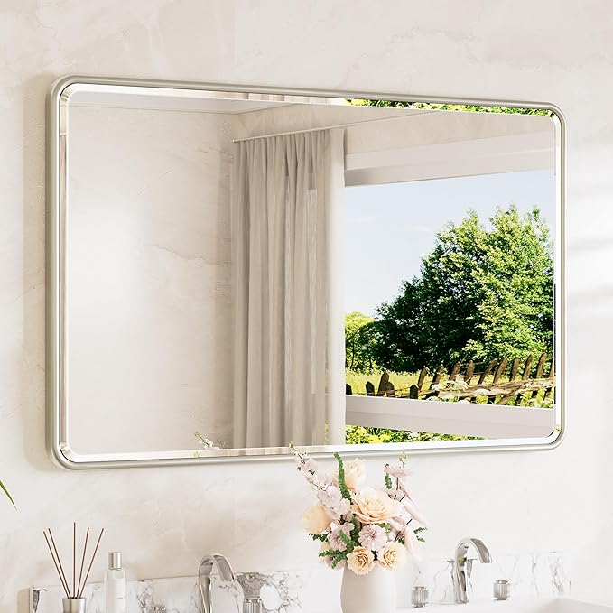 Brushed Nickel Mirrors for Wall 48 x 30 Beveled Edge Tempered Glass, Rounded Corner Rectangle Framed Mirror for Modern Bathroom, Living Room, Bedroom, Entryway