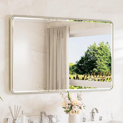 Brushed Nickel Mirrors for Wall 48 x 30 Beveled Edge Tempered Glass, Rounded Corner Rectangle Framed Mirror for Modern Bathroom, Living Room, Bedroom, Entryway