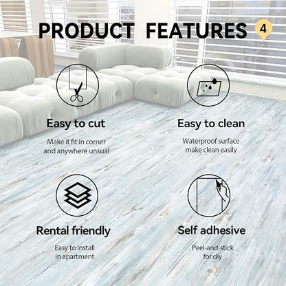 Wood Grain Peel and Stick Floor Tiles 11.8"x118" Hazy Blue | Realistic Wood Grain Finish, Slip‑Resistant Texture, Low‑Repeat Grain Design, Continuous Roll Pattern Flow, Waterproof