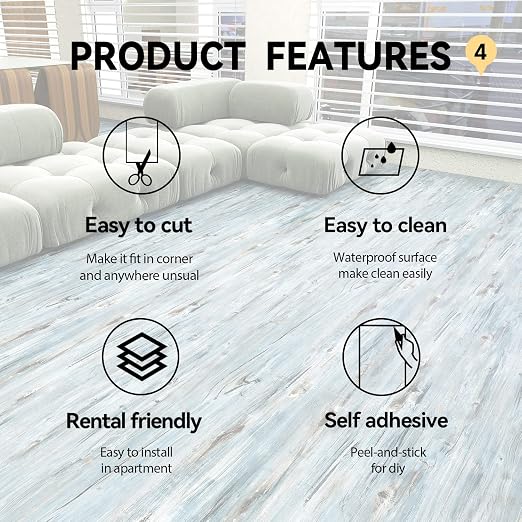 Wood Grain Peel and Stick Floor Tiles 11.8"x394" Hazy Blue | Wood-look non-slip vinyl for renters & DIY, easy cut, fewer seams, low upkeep, budget multi-surface floor guard