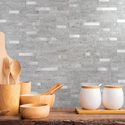 StyloVue 20 Sheets Peel and Stick Backsplash for Kitchen, Slate Gray with Metal Silver Look Stick on Tile Upgrade Your Kitchen Backsplash, RV, Fireplace