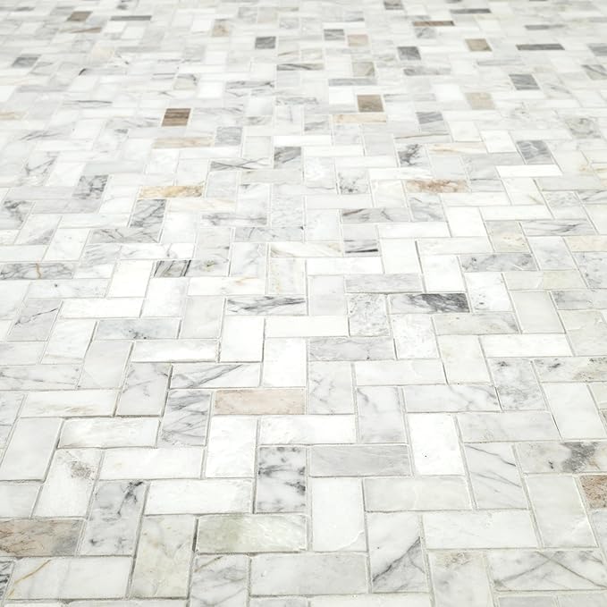 MSI Arabescato Venato White 1 in. x 2 in. Herringbone Honed Marble Mesh Mounted Mosaic Tile for Bathroom, Kitchen Backsplash, Accent Wall Tile, and Shower Wall Tile