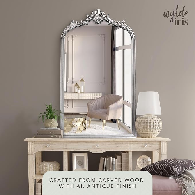 English Estate Carved Arch Wood Wall Mirror, Mirror for Entryway, Living Room, Bathroom, Antique Silver, 20.4x33