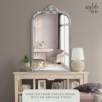 English Estate Carved Arch Wood Wall Mirror, Mirror for Entryway, Living Room, Bathroom, Antique Silver, 20.4x33