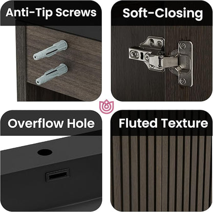 72" Bathroom Vanity with Sink Combo, Mid Century Modern Bathroom Cabinet with 4 Doors & Open Shelf, Matte Black Integrated Sink with Overflow, Dark Grey Oak