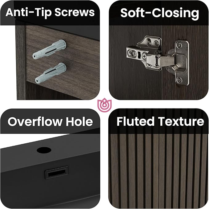 48" Bathroom Vanity with Sink Combo, Mid Century Modern Bathroom Cabinet with Doors & Open Shelf, Matte Black Integrated Sink with Overflow, Dark Grey Oak