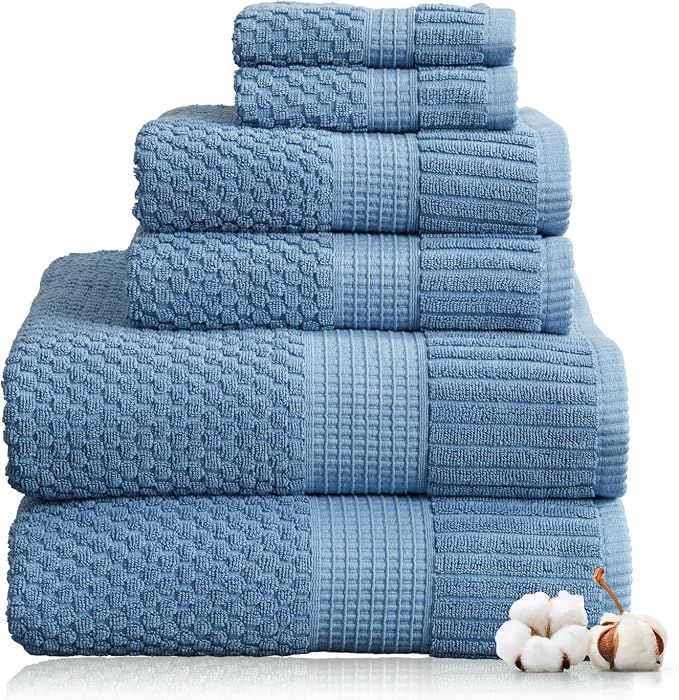 100% Cotton 6 Piece Bath Towel Set | Blue Towels | Oeko‑TEX Standard 100 | Soft & Absorbent, Quick‑Dry | Trinity Collection - Blue Shadow