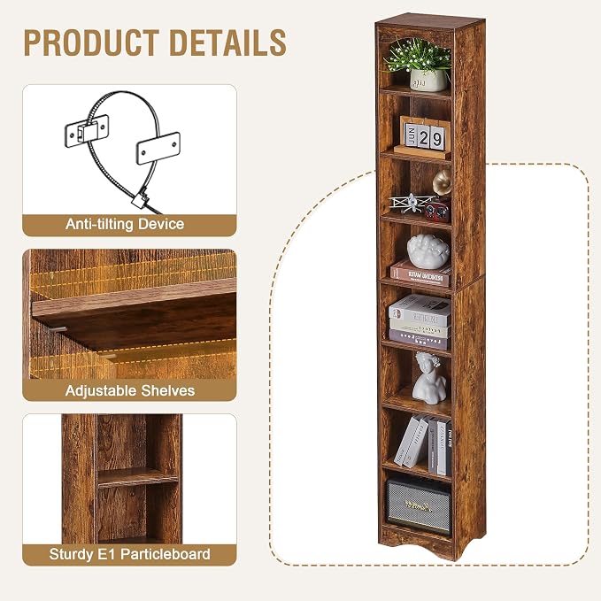 VECELO Curved Top Narrow Tall Bookshelf, 6 Adjustable Movable Shelves, Wood Space Saving Corner Storage Organizer, Retro Brown