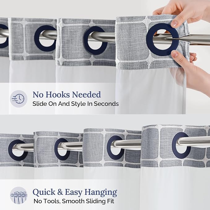 River Dream Farmhouse No Hooks Shower Curtain with Snap-in Liner,Blue,71x74 | Snap on Fabric Liner,Heavy Duty,Quick Dry,Mesh Top Window,With Bottom Magnets,Washable,with Tassels,Standard Size