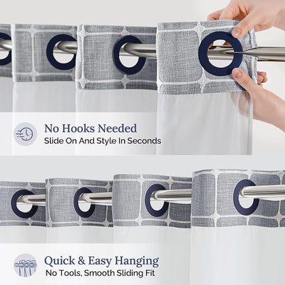River Dream Farmhouse No Hooks Shower Curtain with Snap-in Liner,Blue,71x74 | Snap on Fabric Liner,Heavy Duty,Quick Dry,Mesh Top Window,With Bottom Magnets,Washable,with Tassels,Standard Size