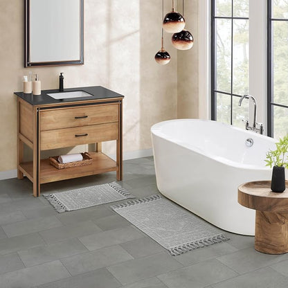 French Connection Nellore Bathroom Rugs, Set of 2 Woven and Beaded Bathroom Mats, Durable Bath Rugs, Thick Bath Mats for Bathroom and Shower Rugs, 17" x 28" and 20" x 38", Medium Grey
