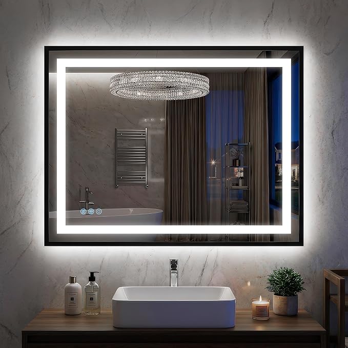 Antok 24X32 LED Bathroom Mirror with Lights, Vanity Mirror for Wall with Black Frame, Touch Control, Anti-Fog, Dimmable Lights, Shatter-Proof, Memory Function, Wall-Mounted Vanity Mirrors