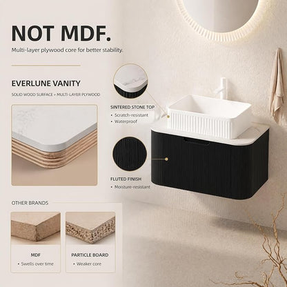 30 Inch Bathroom Vanity with Sink, Floating Wall Mounted Single Sink Vanity, Black Curved Fluted Front, Stone Top, White Textured Rectangular Vessel Basin, Pre-Assembled