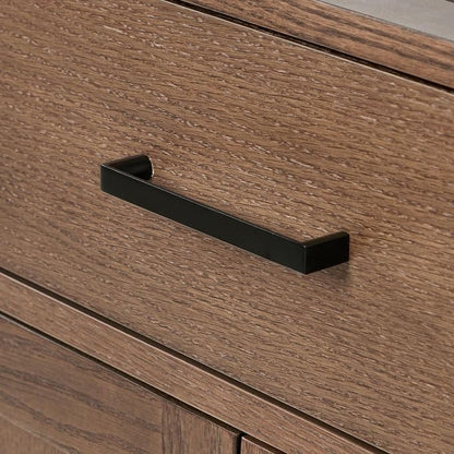 Isabella 66-Inch Brown Oak Double Bathroom Vanity with Sink, 1.5-Inch Edge Pure White Quartz Countertop & 4" Backsplash, Soft-Closing Doors & Drawers, Solid Oak Wood Construction