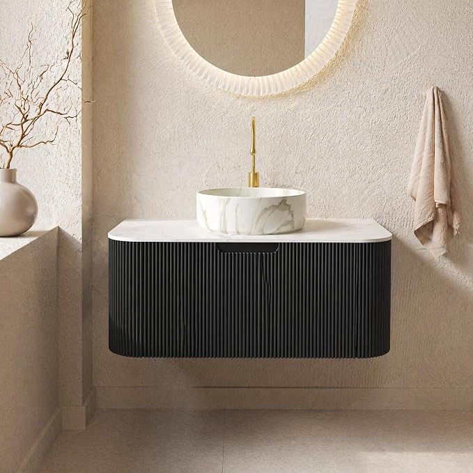36 Inch Bathroom Vanity with Sink, Floating Wall Mounted Single Sink Vanity, Black Curved Fluted Front, Stone Top, Marble-Look Round Vessel Basin, Pre-Assembled
