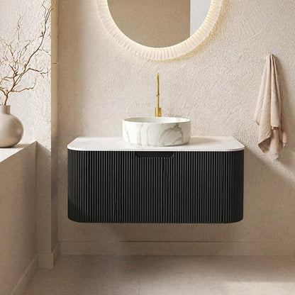 36 Inch Bathroom Vanity with Sink, Floating Wall Mounted Single Sink Vanity, Black Curved Fluted Front, Stone Top, Marble-Look Round Vessel Basin, Pre-Assembled