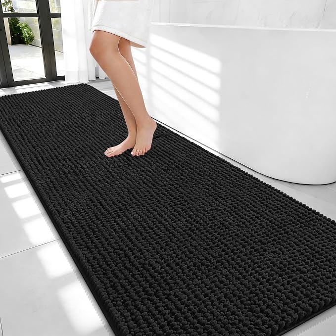 OLANLY Thick Chenille Bathroom Runner Rugs 70x24, Absorbent Bath Mat, Black | Soft Bath Rugs, Rubber Backing, Machine Wash Dry, Bath Mats for Bathroom, Tub and Shower, Home Decor Accessories