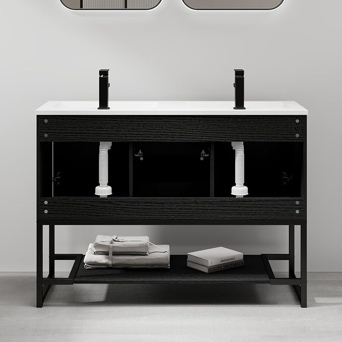 LUCKWIND 48" Modern Bathroom Vanity with Dual White Sink Combo, Freestanding Storage Cabinet with Metal Frame, Matte Black Faucet and Open Shelf and 2 Soft-Closing Door, Black