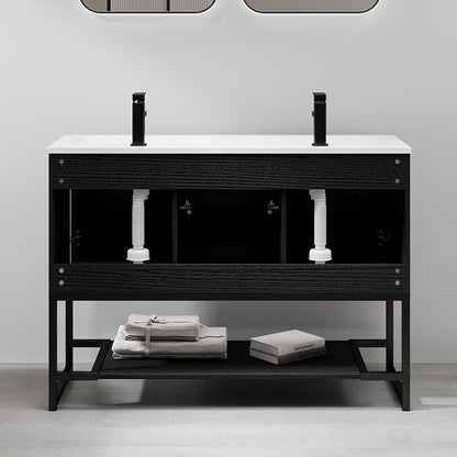 LUCKWIND 48" Modern Bathroom Vanity with Dual White Sink Combo, Freestanding Storage Cabinet with Metal Frame, Matte Black Faucet and Open Shelf and 2 Soft-Closing Door, Black