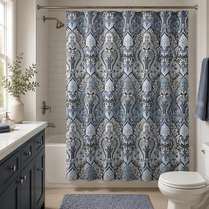 Decorative Blue & Silver Grey Gray Boho Fabric Shower Curtain, Modern Farmhouse for Vintage Rustic Bathroom Decor, Floral Victorian, 72 x 72 | 72" x 72", Easy Care, Washable, Modern Farmhouse Bath Decor Floral Victorian