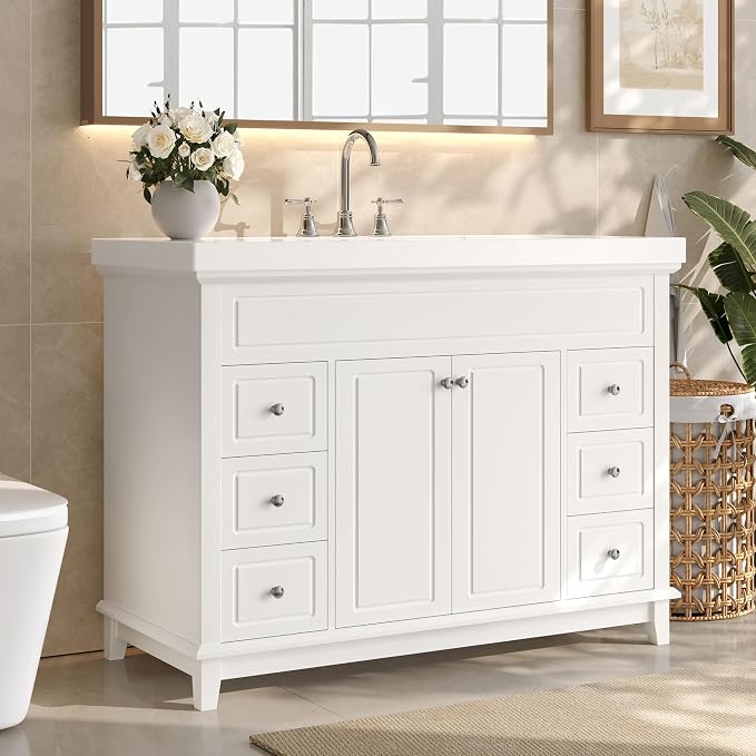 Harper & Bright Designs 48" Bathroom Vanity Set with Sink, Free Standing Single Basin Vanity Set with 2 Soft-Close Doors and 6 Drawers, Wood Storage Cabinet with Resin Basin for Bathroom, White