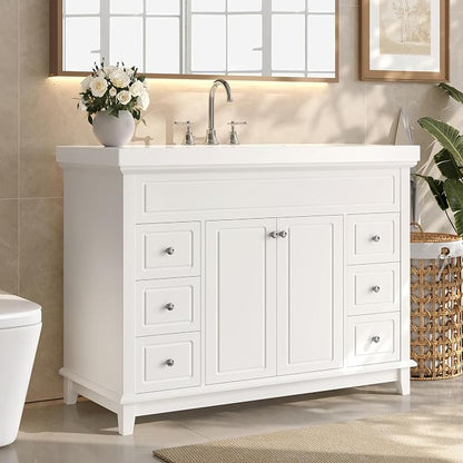 Harper & Bright Designs 48" Bathroom Vanity Set with Sink, Free Standing Single Basin Vanity Set with 2 Soft-Close Doors and 6 Drawers, Wood Storage Cabinet with Resin Basin for Bathroom, White