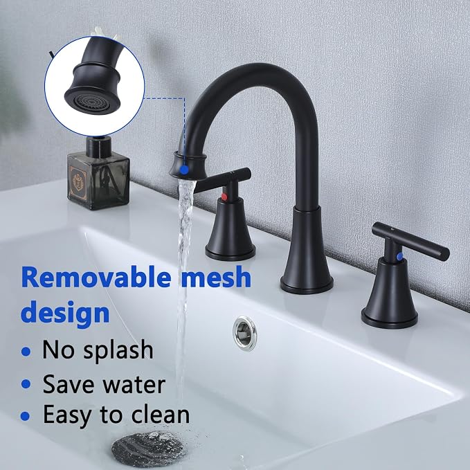 HOTIS Black Bathroom Faucet 3 Hole, 2 Handle 360° Swivel Matte Black 8 Inch Widespread Bathroom Sink Faucet, Lavatory Sink Faucet with Pop-up Drain and Supply Lines, HT-BF302