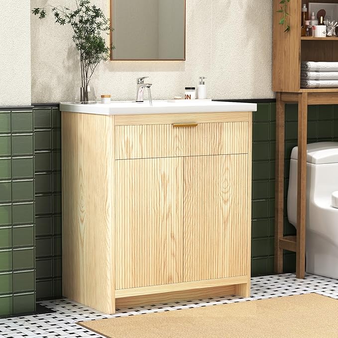 32 Inch Bathroom Vanity with Sink, Bathroom Vanity Cabinet with Single Sink, Bath Vanities with 2 Doors and 1 Flip Drawer, Natural Oak (19" D x 32" W x 36" H)