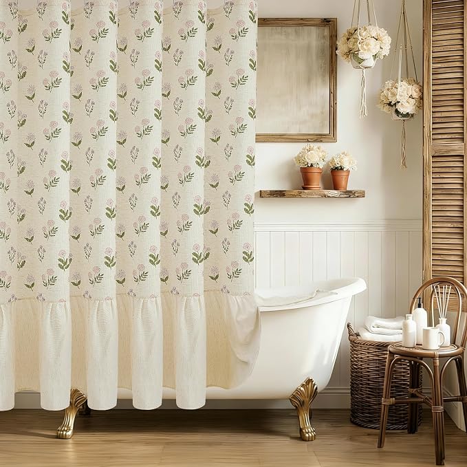 ORTIGIA Linen Textured Ruffle Shower Curtain 72x72 Inch with Metal Hooks, Vintage Pink Floral Flowers Block Print Boho Waterproof Bath Curtain for Rustic Farmhouse Bathroom Decor