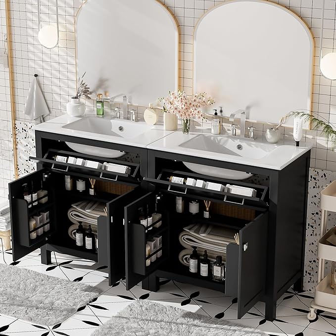 Harper & Bright Designs 60" Bathroom Vanity Set with Double Sink, Vanity Cabinet with Flip Drawer, 2 Doors, and Adjustable Shelf, Solid Wood Bathroom Cabinet with Ceramic Basin for Bathroom, Black