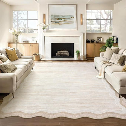 Garvee Scalloped 10x13 Area Rugs for Living Room Neutral Solid Rug | Large Washable Rugs, Stain Resistant Non Slip Floor Mat Carpet Indoor Accent Rug for Bedroom Dining Room Playroom Home Decor